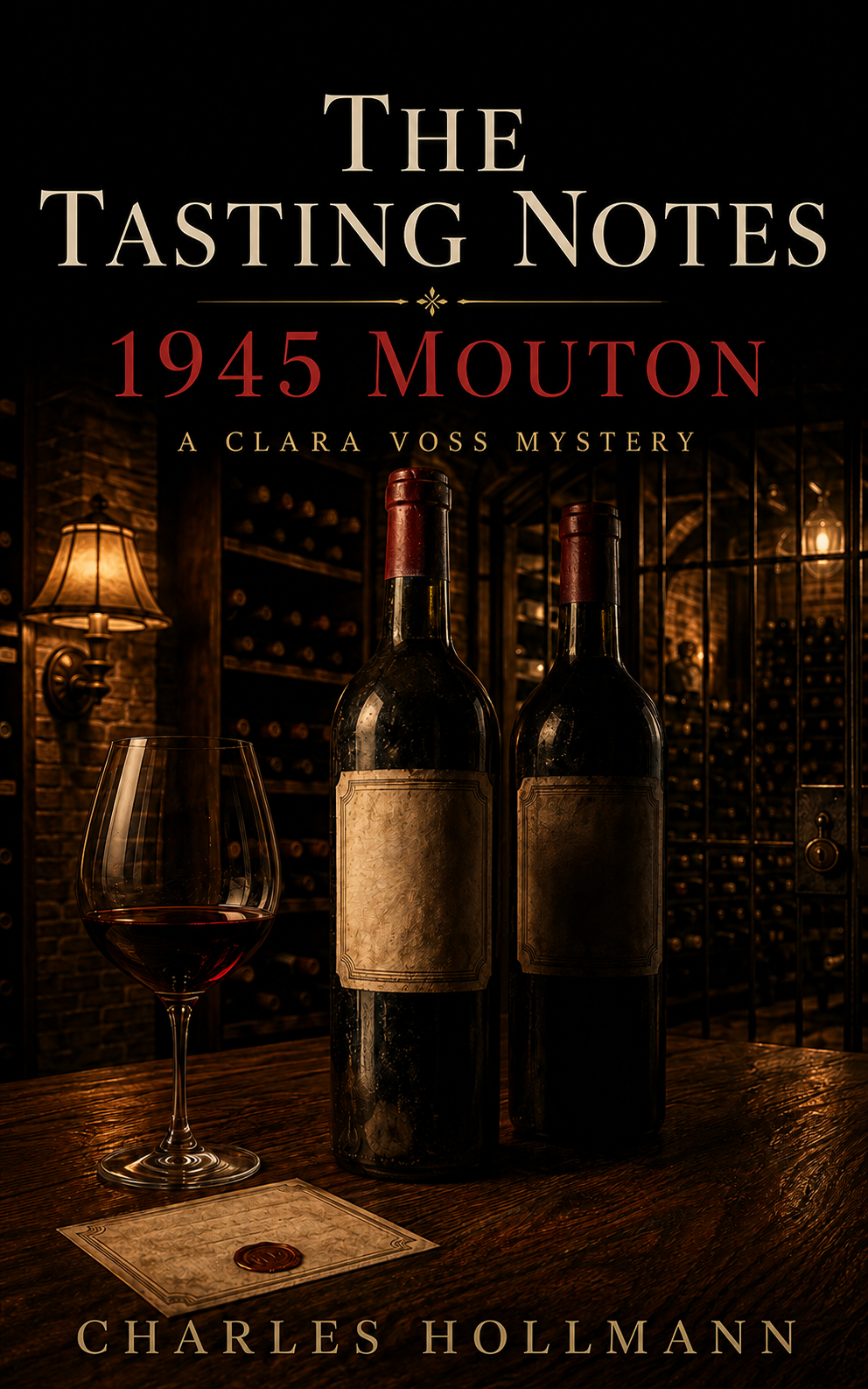 The Tasting Notes – 1945 Mouton by Charles Hollmann: two wine bottles, a wine glass, and a sealed letter in a cellar