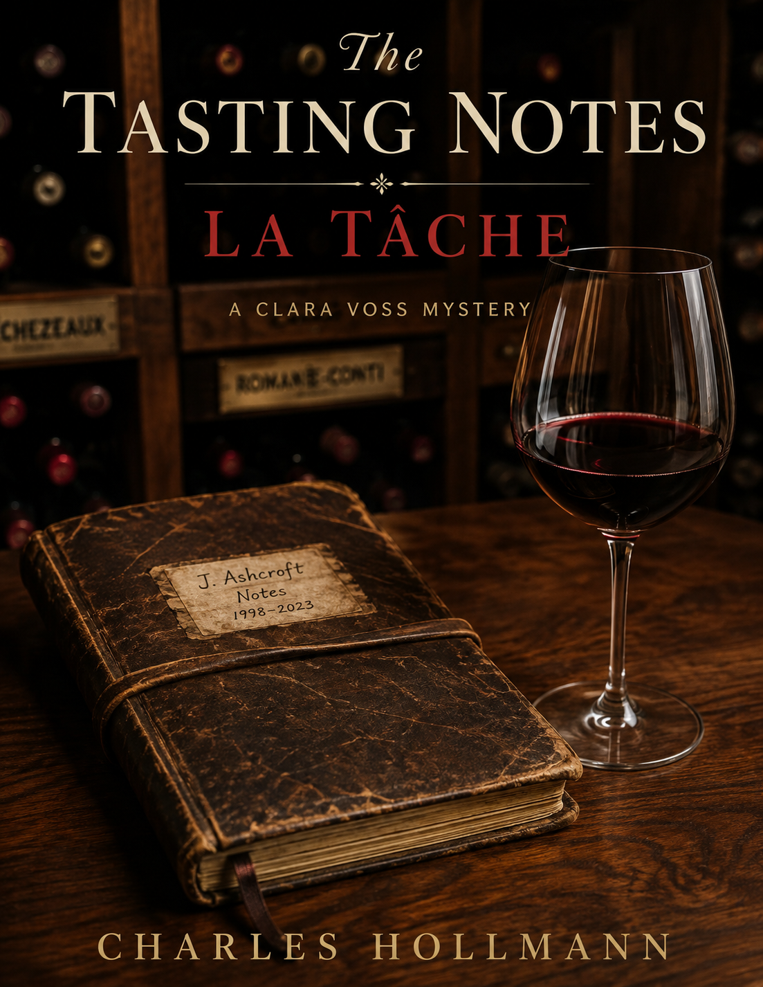 The Tasting Notes – La Tâche by Charles Hollmann: a worn tasting journal and a glass of red wine in a cellar